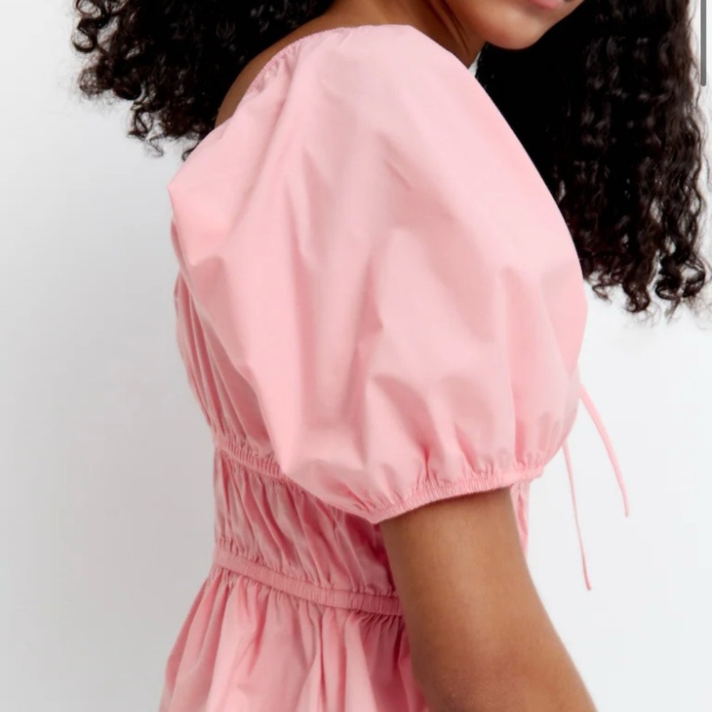 H&M Pink Puff Sleeve Blouse Size XL Cotton Poplin Ruffles Tie Keyhole Feminine - Picture 2 of 12